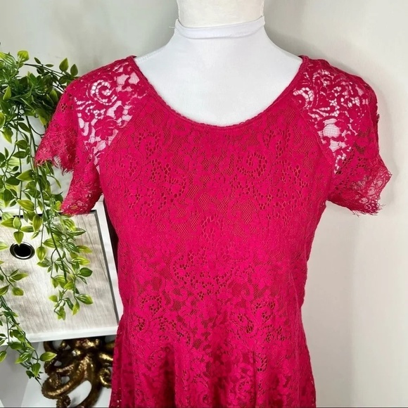 Free People Short Sleeve Lace Open Back Mini Dress Tunic Magenta Red XS - Picture 5 of 9
